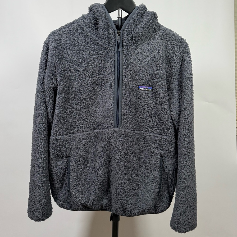Patagonia Los Gatos Hooded Fleece Pullover Navy Blue/Grey Cozy Teddy Half Zip